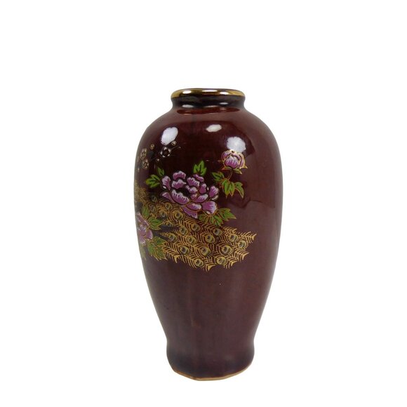 Vintage Japanese Style Pheasant 4.5" Mini Vase Brown,Gold Trim - Picture 3 of 6